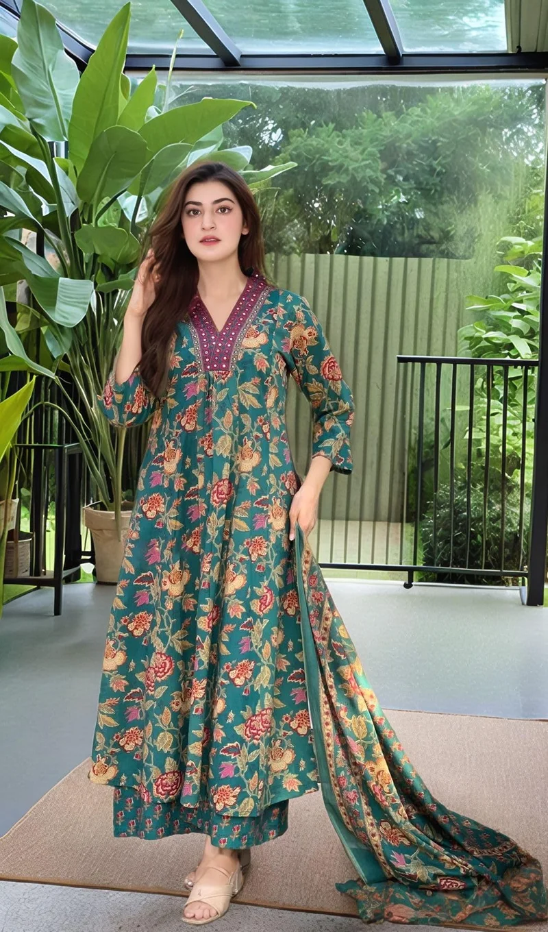 GoSriKi  GoSriKi Women's Rayon Viscose Anarkali Printed Kurta with Palazzo & Dupatta (CIA GREEN-VKS02-GS_S_Green_Small) for Women | Best Price UAE